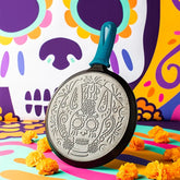 10.5 Inch Seasoned Cast Iron Xolo Sugar Skull Griddle with Deluxe Handle Holder